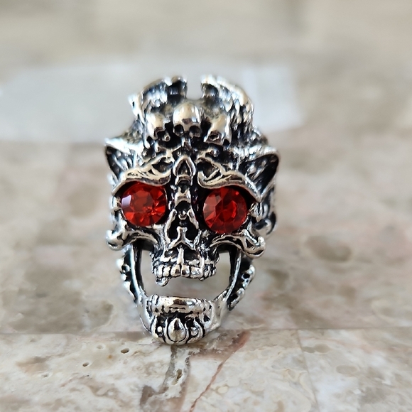 Other - Silver Skull Ring with Red Accents, New